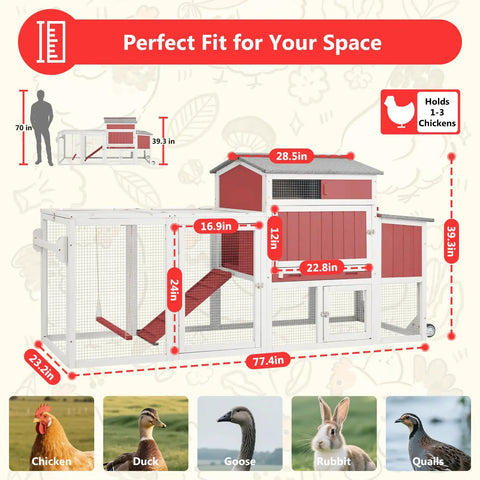 Diagram of a Mobile Wooden Chicken Coop With Nesting Box, showing dimensions and suitable for 2-4 chickens, with wheels