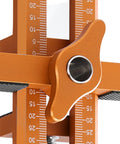 Close-up of adjustable aluminum clamp on Badass Cabinet Door Mounting Jig With Adjustable Aluminum Clamp And Rock Solid Steel Rods For Dead Nuts Hinge Alignment Easy Solo Diy Setup No Fuss Support Tool For Quick Home Repair Jobs Anywhere.