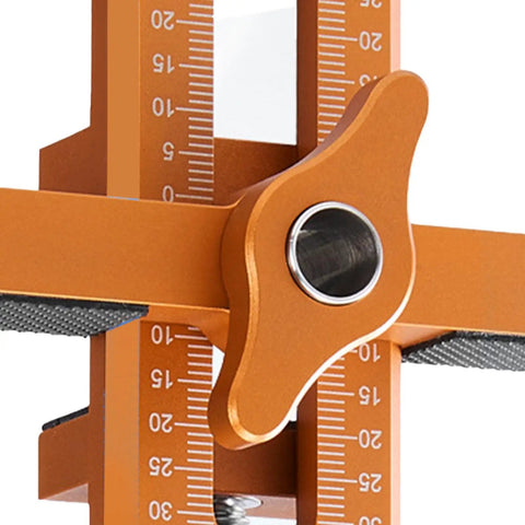 Close-up of adjustable aluminum clamp on Badass Cabinet Door Mounting Jig With Adjustable Aluminum Clamp And Rock Solid Steel Rods For Dead Nuts Hinge Alignment Easy Solo Diy Setup No Fuss Support Tool For Quick Home Repair Jobs Anywhere.