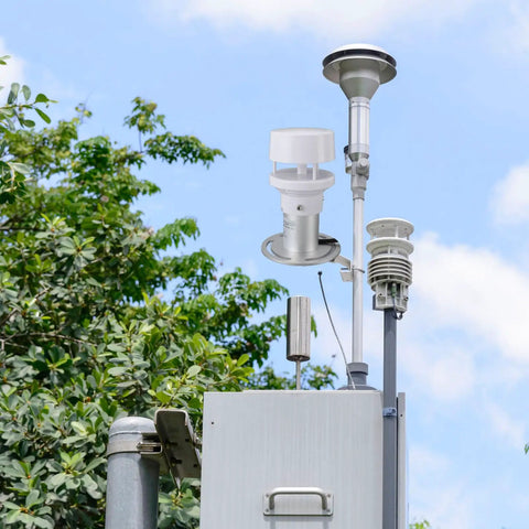 Rugged Outdoor 5 in 1 RS485 Weather Sensor with wind speed, wind direction, temperature, humidity, air pressure monitoring on pole.