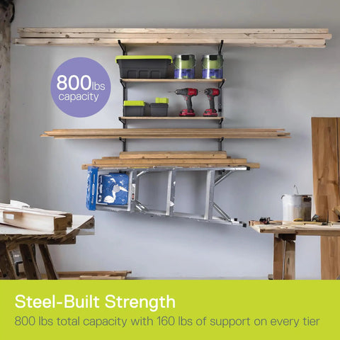 Heavy Duty Wall Mounted Storage Rack With Adjustable Arms Five Tier Steel Garage Shelving Unit Holds Up To Eight Hundred Pounds Space Saving Wood And Tool Organizer For Garage Basement And Pantry