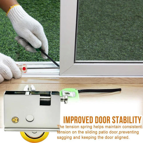 Two Pack Sliding Patio Door Rollers Replacement Kit With One And A Half Inch Steel Ball Bearing Wheels being installed