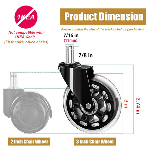 3 Inch Office Chair Caster Wheels Rubber Heavy Duty Replacement Set Of 5 Universal 11mm Stem Fit For Hardwood Floors And Carpets