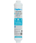 Inline Water Filter For Ice Makers Fridges Dishwashers And RO Setups With One Quarter Inch FPT Threaded Connection NSF Certified Fittings Not Included Removes Odors And Off Tastes For Fresh Water, white cylindrical product view.