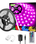 Indoor RGB LED Strip Lights 16.4ft 5050 SMD with remote and 24V power adapter, shown with packaging and accessories