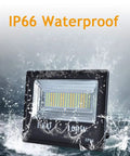 100W Led Solar Flood Lights Outdoor Dusk to Dawn Solar Lights 12000Lm, IP66 waterproof floodlight with splashing water effect.