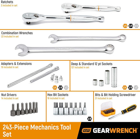 243 Piece 12 Point Mechanics Tool Set With 3 Drawer Storage Box Includes 90 Tooth Ratchet For Tight Spaces Full Polish Long Pattern Wrenches And Sockets Pro Grade Tools Built For Real World Jobs