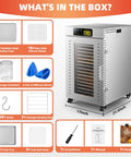 Heavy Duty Commercial Food Dehydrator With Eighteen Stackable Trays, a hardcore two thousand watt heater, and all stainless steel build displayed with included accessories.
