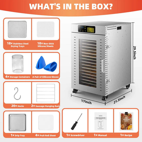 Heavy Duty Commercial Food Dehydrator With Eighteen Stackable Trays, a hardcore two thousand watt heater, and all stainless steel build displayed with included accessories.