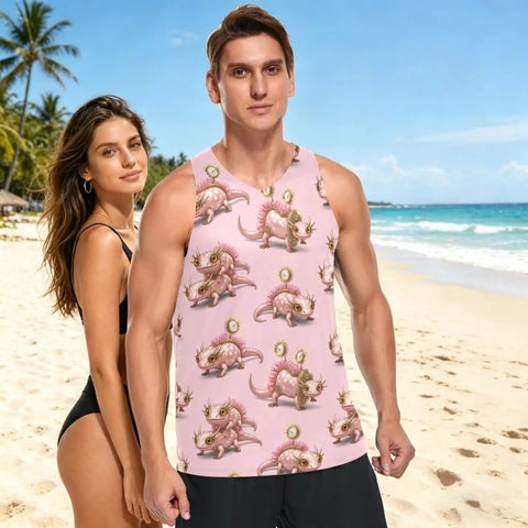 Mens Pink Sleeveless Tank Top With Concealed Pocket And Bold Mechanical Lizard Clock Graphics And Moisture Wicking Mesh Athletic Tee on a beach.