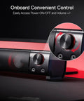GS550 2.0 Channel Desktop PC Gaming Speakers Bar With USB Power And 3.5mm Cable, Headphone Jack, Volume Knob Detail, Red Backlit