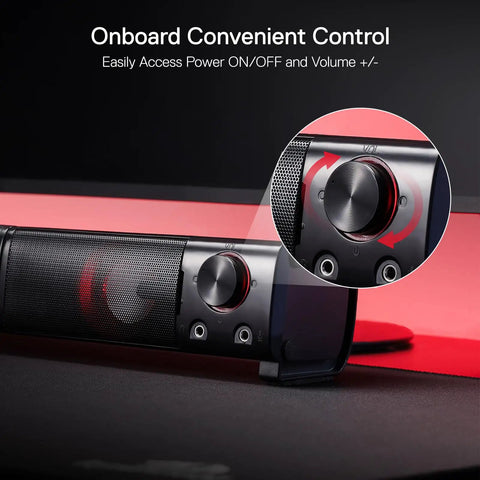 GS550 2.0 Channel Desktop PC Gaming Speakers Bar With USB Power And 3.5mm Cable, Headphone Jack, Volume Knob Detail, Red Backlit