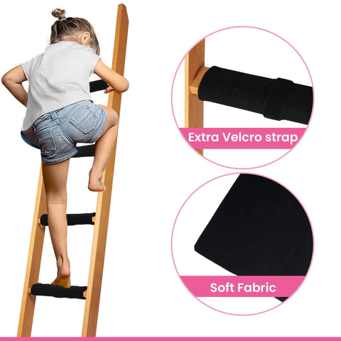 Child climbing ladder with Foot Friendly Bunk Bed Ladder Pads With Soft Brushed Fabric, anti slip dots, durable hook and loop straps.
