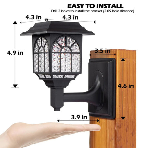 4 Pack Solar Fence Lights Outdoor Waterproof Lanterns Warm White LED Wall Deck Post Landscape Lighting for Garden Yard Patio Front Door Weatherproof No Fuss Easy Install No Wiring Up To 12 Hour Night Run Time After Full Sun Charge, mounted on a wooden post with installation dimensions.