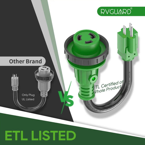 15 Amp To 30 Amp RV Adapter Cord With Locking NEMA L5-30R To NEMA 5-15P, 12 Inch, ETL Listed, green with LED indicator