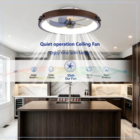 20" Walnut Flush Mount Ceiling Fan with LED Light, 6 Speed Reversible Quiet DC Fan Light Fixture in kitchen setting.