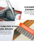 28oz Pro Grade Welding And Chipping Hammer With Slag Removal And Wire Brush Set shown with cleaning action on metal surface