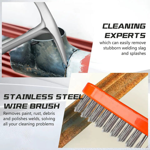 28oz Pro Grade Welding And Chipping Hammer With Slag Removal And Wire Brush Set shown with cleaning action on metal surface