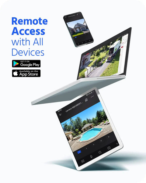 Remote access on laptop and phone screens with 4K 8 Channel Hybrid Security System With AI Motion Detection And Smart Search 5 In 1 DVR NVR Video Recorder HEVC H265 Remote Access Ready No HDD Included Easy Setup For Home Or Small Biz Surveillance.