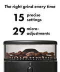 Compact Stainless Steel Conical Burr Electric Coffee Bean Grinder with 15 settings and 29 adjustments for precise grinding.