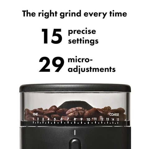 Compact Stainless Steel Conical Burr Electric Coffee Bean Grinder with 15 settings and 29 adjustments for precise grinding.