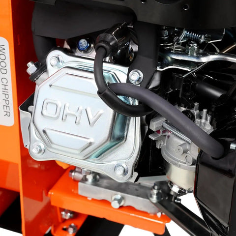 Close-up of 212cc OHV engine of Rugged 7HP Gas Powered Wood Chipper Shredder Mulcher With 3 Inch Capacity And 212cc OHV Engine EP-A Certified Orange