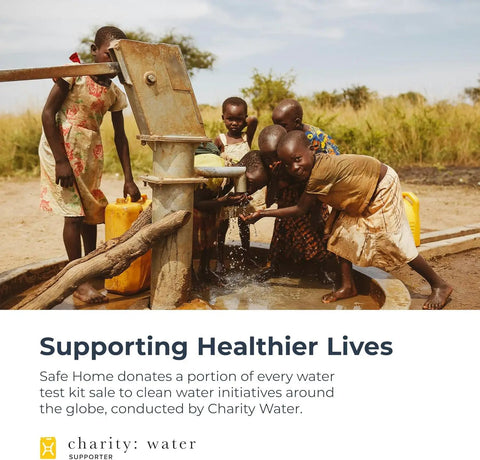 Children using a water pump with yellow buckets, part of a charity water initiative supported by DIY Bacteria In Water Test Kit sales.