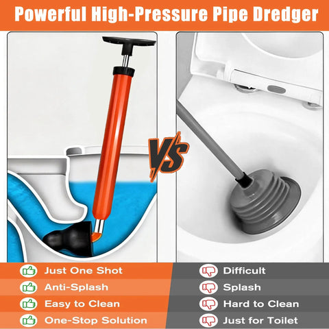 Image comparison of Heavy Duty High Pressure Toilet Plunger Kit With Curved Brush And Comfort Grip Gloves against traditional plunger.