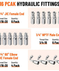 Racewill hydraulic hose fittings set: 6x 1/4in JIC female ends; 6x 1/4in NPTF male ends; 4x 1/4in 90° JIC female elbows