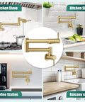 Wall Mount Pot Filler Faucet 19 Inch Folding Stretchable Kitchen Tap in Stainless Steel Brushed Gold installed in various locations