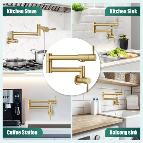 Wall Mount Pot Filler Faucet 19 Inch Folding Stretchable Kitchen Tap in Stainless Steel Brushed Gold installed in various locations