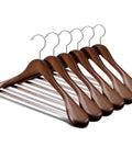 Six Pack Wide Shoulder Walnut Wooden Hangers With Heavy Duty Rotating Hooks Non Slip Pants Bar Smooth Finish Solid Wood Coat Hangers
