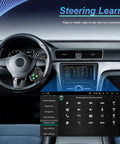 Dashboard view showing Universal Bluetooth Steering Wheel Remote For Car Stereo With Hands Free Calls Music And Video, Plug And Play Easy Install Wireless Controller For In Car Audio Black installed on steering wheel.