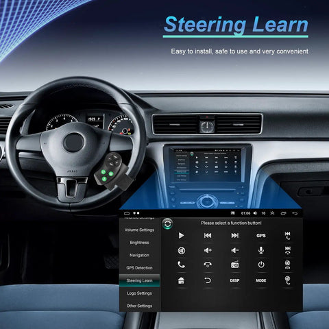Dashboard view showing Universal Bluetooth Steering Wheel Remote For Car Stereo With Hands Free Calls Music And Video, Plug And Play Easy Install Wireless Controller For In Car Audio Black installed on steering wheel.