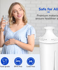 Woman drinking water next to Three Pack Replacement Water Filters For Brita Pitchers And Dispensers, NSF 53 And 42 Certified