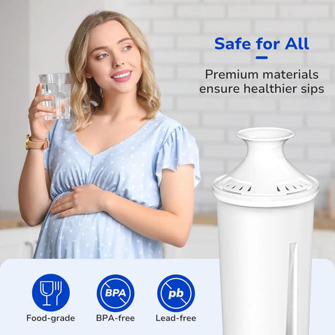 Woman drinking water next to Three Pack Replacement Water Filters For Brita Pitchers And Dispensers, NSF 53 And 42 Certified