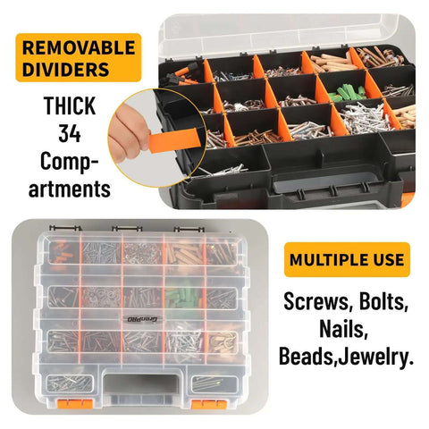 Dual Side 34 Compartments Mini Tool Box Organizer With Customizable Layout And Removable Partitions, Plastic Storage Case for various items