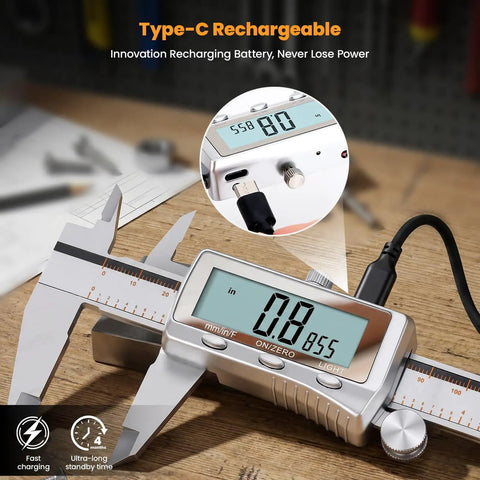 Beefy Rechargeable Digital Caliper With Backlit LCD All Metal Measuring Tool Auto Off Inch mm Fraction 6 Inch on workbench