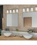 Four Light Etched White Glass Modern Bathroom Vanity Light Replay Collection Brushed Nickel Finish for Coastal Contemporary Baths