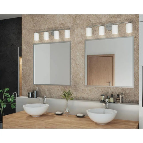 Four Light Etched White Glass Modern Bathroom Vanity Light Replay Collection Brushed Nickel Finish for Coastal Contemporary Baths