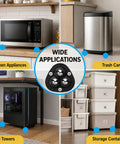 8 Pack Self Adhesive Caster Wheels With Rock Solid Triangular 3 Ball Design, shown under kitchen appliances, PC towers, trash cans and storage containers.