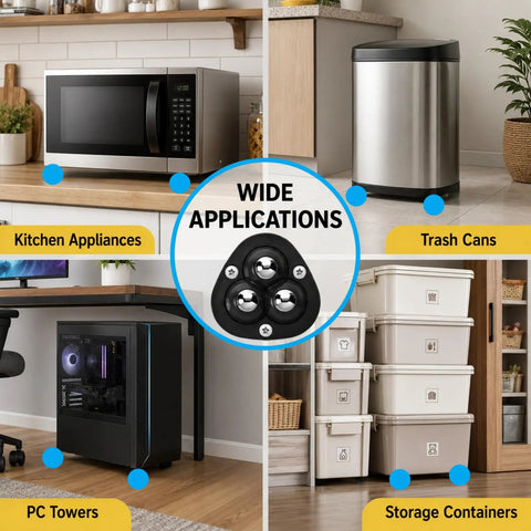 8 Pack Self Adhesive Caster Wheels With Rock Solid Triangular 3 Ball Design, shown under kitchen appliances, PC towers, trash cans and storage containers.