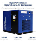 Front view of Beefy 50 HP Rotary Screw Air Compressor Delivering 219 CFM At 125 PSI, 460V 3 Phase 60Hz, fixed-speed, industrial-grade.