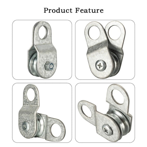 4 Pack Small Snatch Cable Pulley Block For 6mm Wire Rope 0.23 Inch Openable Wheel With Bearing 70 Lb Load Capacity Aluminum Zinc Alloy Lightweight And Durable, four angles