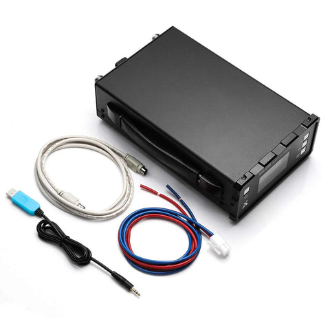 XPA125B 100W Power Amplifier With Auto Antenna Tuner And Large Display Screen shown with cables and connectors