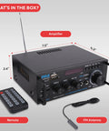 Beast 200W Peak Dual Channel Bluetooth Stereo Amplifier with LED Display, remote, and FM antenna shown on a gray background