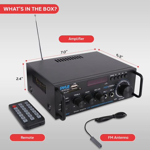 Beast 200W Peak Dual Channel Bluetooth Stereo Amplifier with LED Display, remote, and FM antenna shown on a gray background
