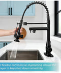 RNDIOZD Kitchen Faucet with Pull Down Sprayer, 2-Spout, Matte Black in use, flexible sprayer, stainless steel construction.