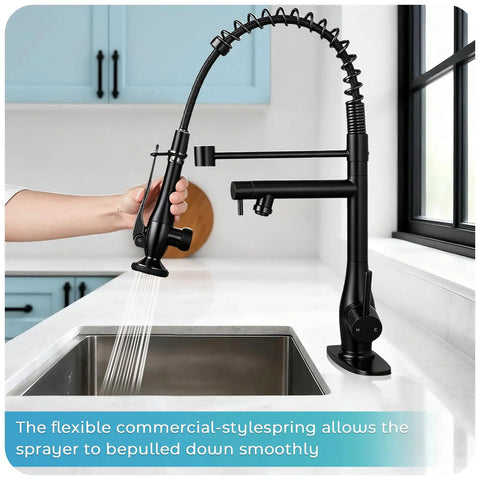 RNDIOZD Kitchen Faucet with Pull Down Sprayer, 2-Spout, Matte Black in use, flexible sprayer, stainless steel construction.