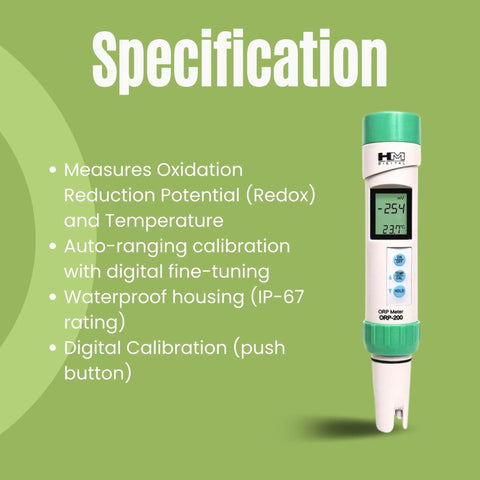 Waterproof ORP Meter With Temperature Readout, Auto Ranging Calibration, 1 mV Resolution, IP67 housing shown on green background
